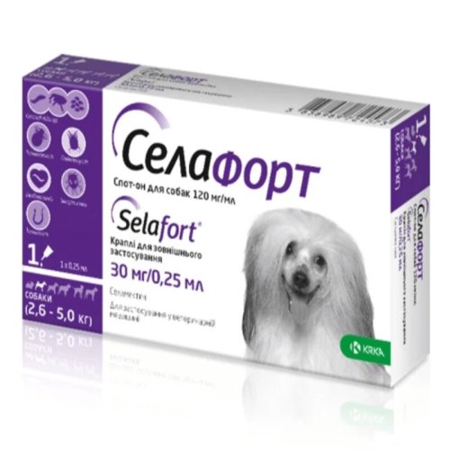 Краплі Selafort Селафорт Спот Он для собак 2.6-5кг від бліх кліщів та гельмінтів (30мг/0.25мл).1 шт