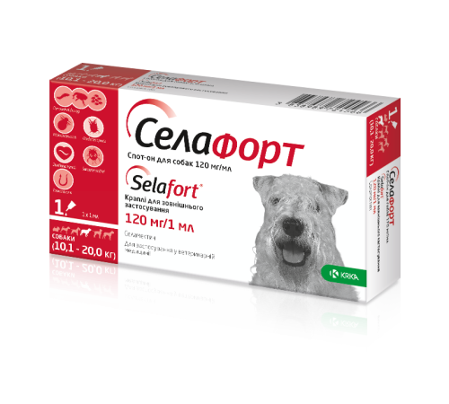 Краплі Selafort Селафорт Спот Он для собак 10.1-20кг від бліх кліщів та гельмінтів (120мг/1мл) - 1 шт