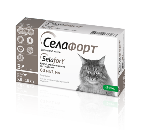 Краплі Selafort Селафорт Спот Он для котів 7.6-10 кг від бліх кліщів та гельмінтів (60мг/1мл) - 1 шт - 1 шт