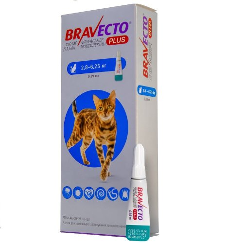 Краплі Bravecto Бравекто Плюс спот он для котів 2.8-6.25кг від бліх та кліщів на 3 місяці 250 мг - 1 шт - 1 шт