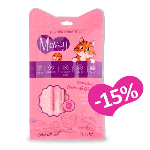 Ласощі Mavsy Creamy Treats Chicken with Salmon Кремові ласощі для котів з куркою та лососем - 5х15г - 15 шт