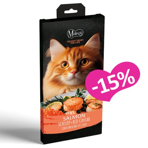 Ласощі Mavsy Creamy Treats Salmon Ласощі Mavsy Філе лосося у поєднанні з соковитимиг.ребінцями та червоною ікрою - 5х15г - 15 шт