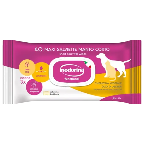 Вологі серветки Inodorina Functional Cheratina Vegetale Olio Di Argan для короткошерстних собак та котів з аргановою олією та ароматом жасмину - 40 шт