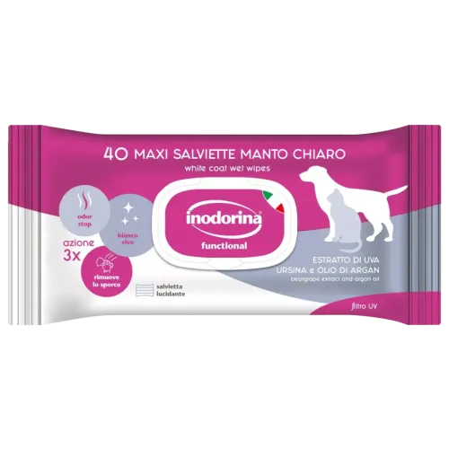 Вологі серветки Inodorina Functional Estratto Di Uva Ursina E Olio Di Argan для собак та котів з білою шерстю з екстрактом брусниці аргановою олією та ароматом тіаре - 40 шт
