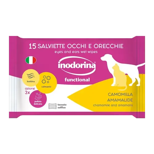 Вологі серветки Inodorina Functional Camomilla для гігієнічного догляду за вухами та очима з ромашкою для собак і котів - 15 шт