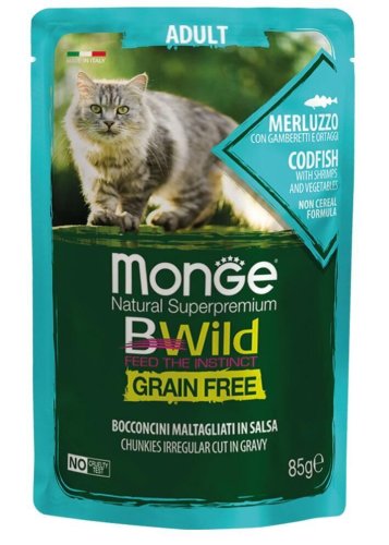Вологий корм Monge Cat Bwild Grain Free Wet тріска з креветками та овочами - 85 г