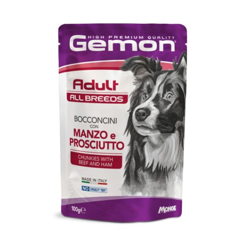 Вологий корм Gemon Dog Wet Adult шматочки з яловичиною та шинкою - 100 г
