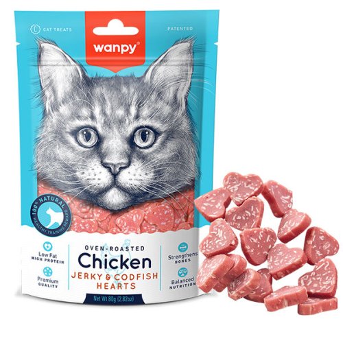 Ласощі Wanpy Cat Chicken Jerky & Codfish Hearts ВАНПІ СЕРДЕЧКИ КУРКА З ТРІСКОЮ для котів - 80 г
