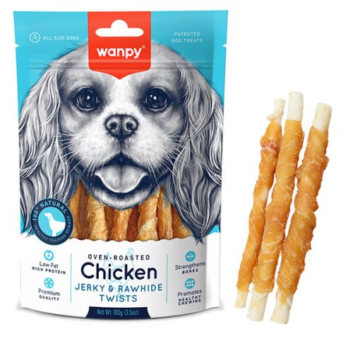 Ласощі Wanpy Dog Chicken Jerky & Rawhide Twists ПАЛИЧКА З В’ЯЛЕНОЮ КУРКОЮ для собак - 100 г