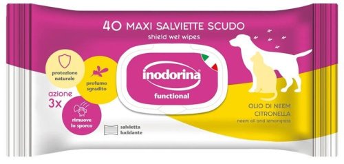 Вологі серветки Inodorina Functional Citronella Neem Oil & Lemongras для собак та котів з олією дерева Нім та лемонграсом захист від кліщів та бліх - 40 шт