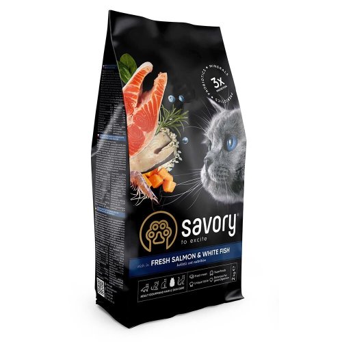 Сухий корм Savory Adult Cat Gourmand Fresh Salmon & White Fish для довгошерстих котів зі свіжим лососем і білою рибою - 2 кг