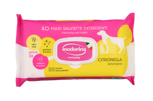 Вологі серветки Inodorina Everyday Citronella для всіх типів шерсті котів собак та кроликів з ароматом лемонграсу - 40 шт