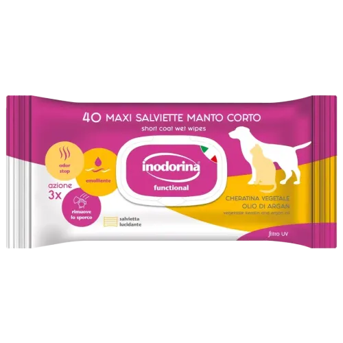 Вологі серветки Inodorina Functional Cheratina Vegetale Olio Di Argan для короткошерстних собак та котів з аргановою олією та ароматом жасмину - 40 шт