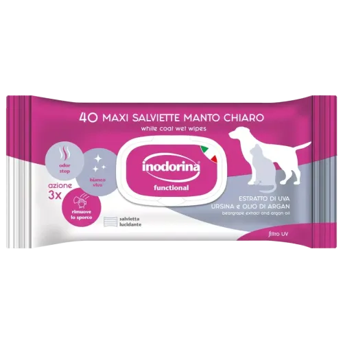 Вологі серветки Inodorina Functional Estratto Di Uva Ursina E Olio Di Argan для собак та котів з білою шерстю з екстрактом брусниці аргановою олією - 40 шт