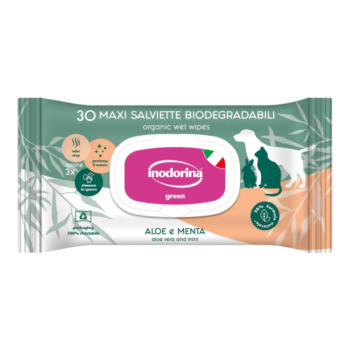 Вологі біорозкладні серветки Indorina Salv Green aloe vera and mint з м'ятою та Алое Вера для собак котів та гризунів - 30 шт