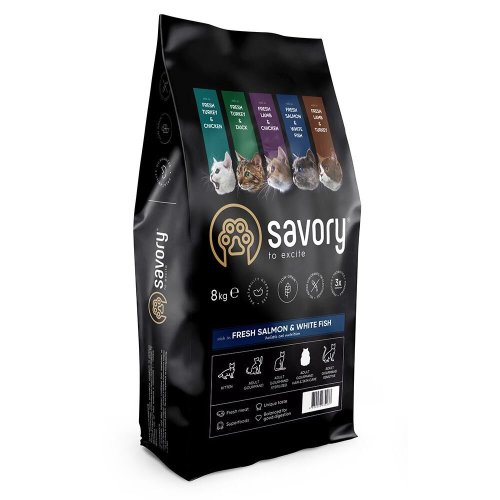 Savory Adult Cat Gourmand Fresh Salmon & White Fish Сухий корм для довгошерстих котів зі свіжим лососем і білою рибою - 8 кг